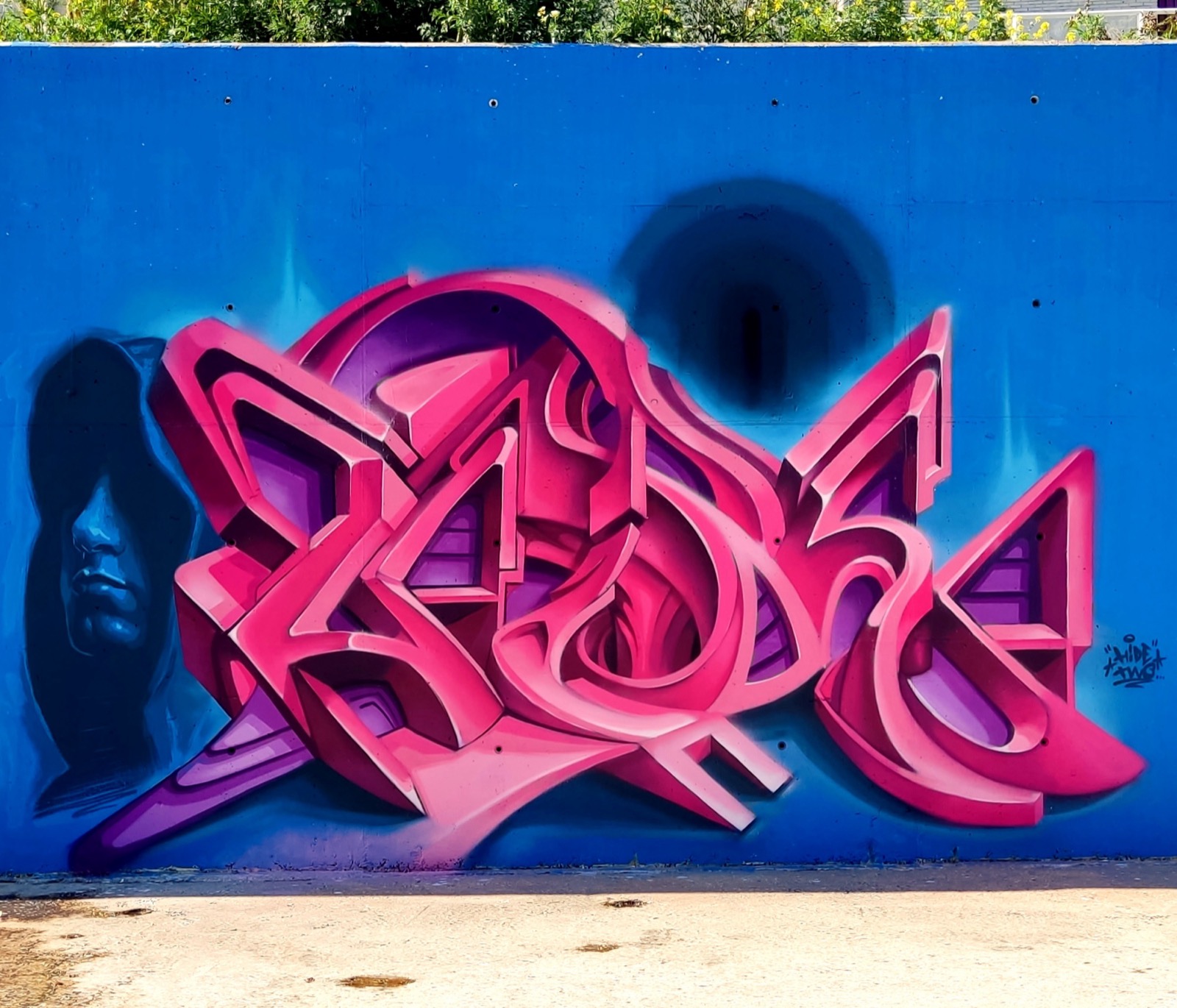 Pieza de letras en rosa con un rostro figurativo sobre muro azul